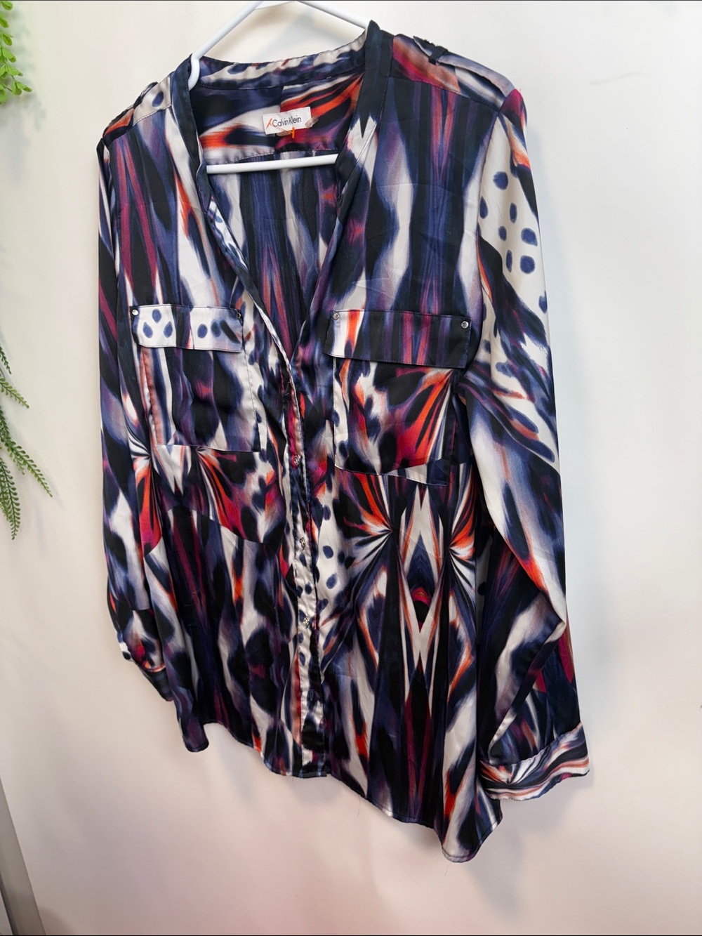 Calvin Klein Navy, White & Red Abstract Print Button-Down Shirt